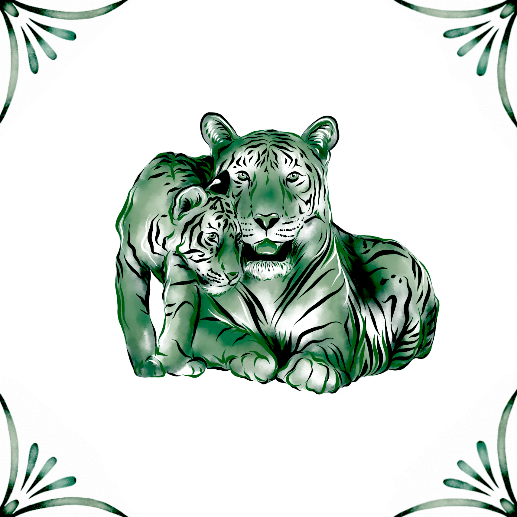 Delft Blue Ceramic Tile- Tiger and Cub︱Bathroom Tile, Splashback, Kitchen Tiles, Modern Dutch Style