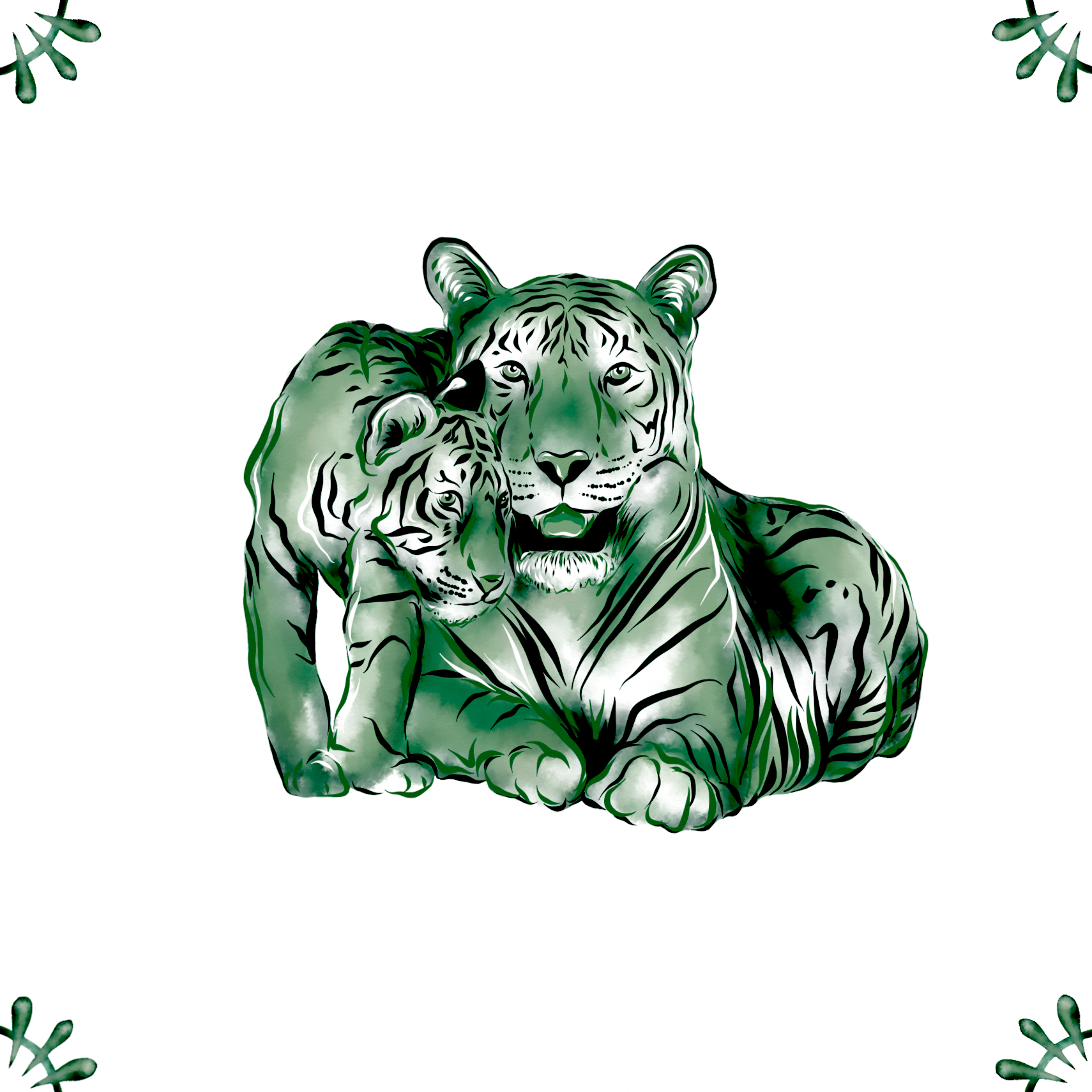 Delft Blue Ceramic Tile- Tiger and Cub︱Bathroom Tile, Splashback, Kitchen Tiles, Modern Dutch Style